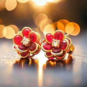 Vintage Avon Red Crystal Flower Earrings